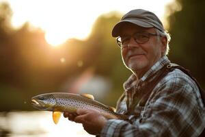 Man fishing and holding a trout. photo