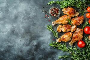 Chicken grilled with herbs and spices on gray table flat lay. photo