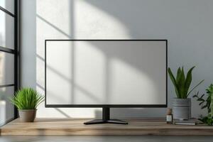 Front view of monitor on table in room. photo