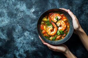 Tom Yum soup filled with prawns, vegetables and spices. photo