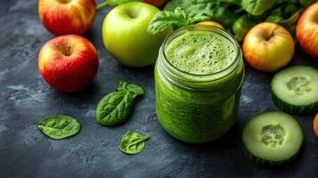 Refreshing green smoothie with apples, spinach, and cucumber on a dark surface photo