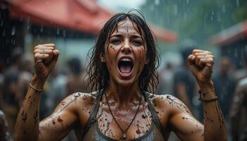 Mud-streaked woman shouting with raised fists in the rain. photo