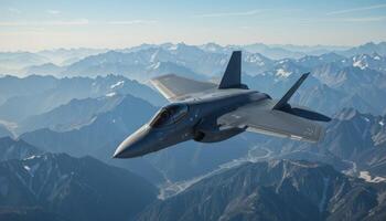 F-35 Lightning II flying high against a backdrop of alpine peaks. photo