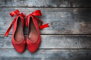 Pair of red ballet shoes with ribbons on a wooden surface. photo