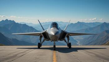 F-35's front view against serene mountain vastness. photo