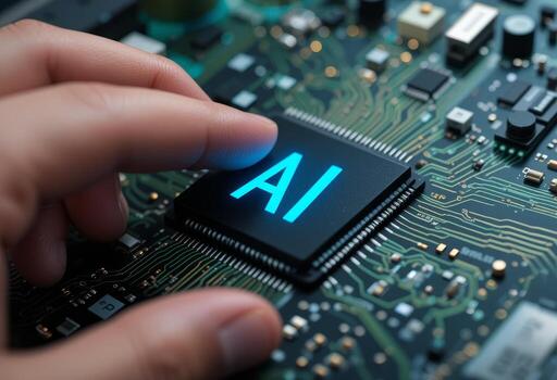 Man touching AI semiconductor on electronic circuit board. photo