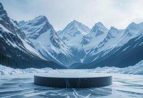 platform, podium background on ice snow mountain with snow covered floor with empty round stage. photo