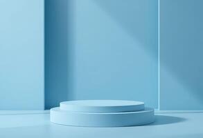 Blue podium, perfect for showcasing products or as a modern display stand. photo
