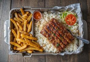 Piranha lunch box, with rice, fries, salad. photo