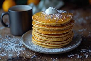 Stack of Fluffy Pancakes with Whipped Cream and Powdered Sugar photo