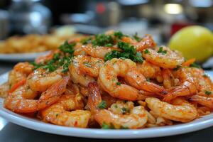Close-up of Sauteed Shrimp with Parsley Garnish photo
