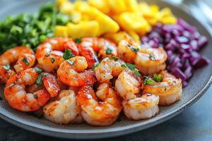 Close-up of Grilled Shrimp with Parsley and Red Onion Garnish photo
