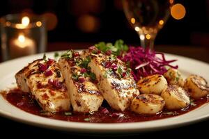 Grilled Scallops and Chicken Breast with Red Cabbage and Sauce photo