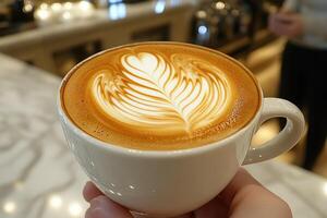 A Close-Up of a Latte with a Leaf Design in a White Cup photo