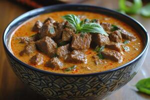 Close-Up of Beef Curry with Basil in a Bowl photo
