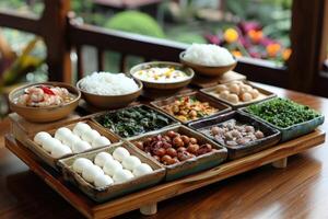 A Wooden Tray of Various Dishes and Food Items photo