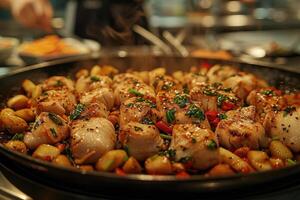 Close-up of Sauteed Scallops with Garlic, Peppers, and Herbs in a Pan photo
