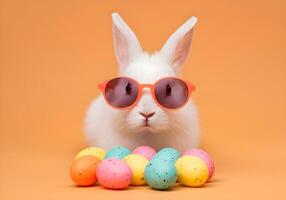 Easter bunny with sunglasses and colorful eggs on orange background photo