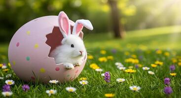 Easter Bunny Peeking Out of an Egg in a Spring Garden photo
