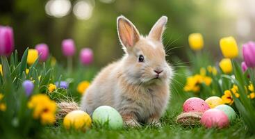 Easter Bunny with Colorful Eggs and Flowers in a Spring Garden photo