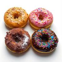 A selection of six delectable donuts in a row, each unique and flavorful. photo