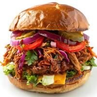 a close-up photo of a barbecue sandwich. It's topped with purple onions, tomato slices and pickles.