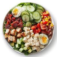 A vibrant and nutritious salad comprising of a variety of vegetables, tofu, meat, and cheese. photo
