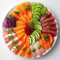 A round plate of sushi, topped with a variety of ingredients including fish, vegetables, photo