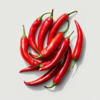 A bunch of red peppers with the stem and leaves still attached, arranged in a circular pattern. photo