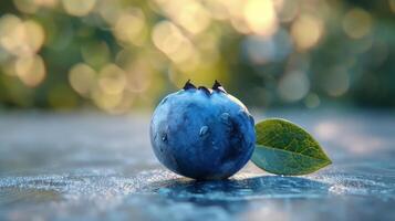 A blueberry with a green leaf on a wet surface photo