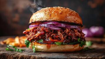 Delicious pulled pork sandwich on a toasted bun. photo