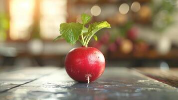 A radish on a table with a leaf photo