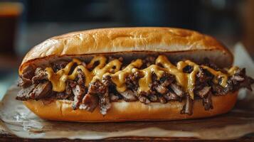 A close-up of a cheesesteak sandwich on a table photo