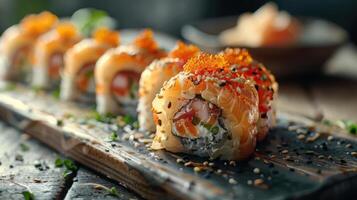 a sushi roll with various toppings on a wooden board photo