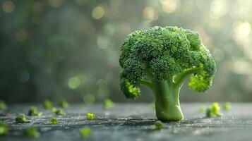 A close-up of a green broccoli tree on wet surface photo