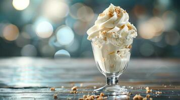 a glass of ice cream with a scoop of whipped cream photo