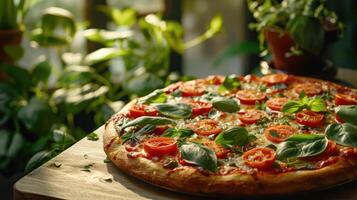 a pizza with tomatoes and basil on it on a cutting board photo