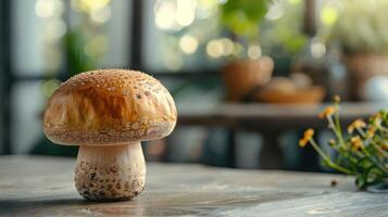 a mushroom sitting on a table with a plant in the background photo
