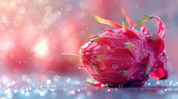 Close-up of a pink dragon fruit with water droplets on it. photo
