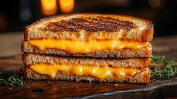 A grilled cheese sandwich on a wooden table. photo