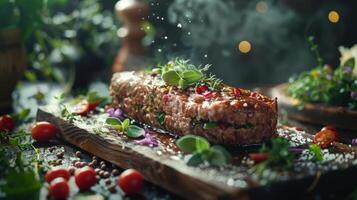 a large piece of meat on a cutting board with vegetables photo