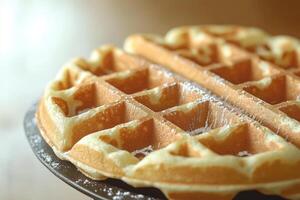 A Close-Up of a Golden Brown Waffle with Powdered Sugar photo