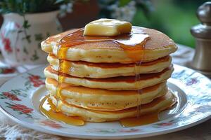 Stack of Buttery Pancakes Drizzled with Syrup on a Floral Plate photo