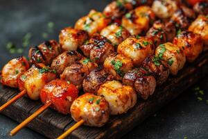 Grilled Meat and Scallops Skewers with Herbs on Wooden Board photo