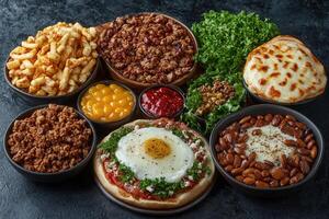 Assortment of Middle Eastern Mezze Dishes with Fried Egg, Almonds, and Ground Meat photo