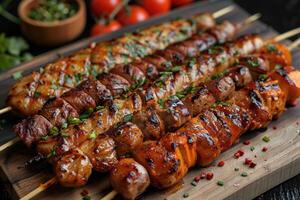 A la parrilla carne y vegetales brochetas con verde cebollas y granos de pimienta foto