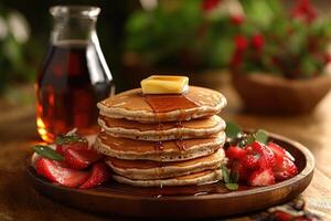 Stack of Buttered Pancakes Drizzled with Syrup and Served with Sliced Strawberries photo