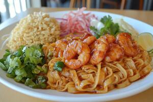 Plate of Pad See Ew with Shrimp, Fried Garlic, and Cilantro photo