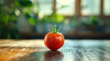 a tomato sitting on a table with a plant in the background photo