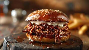 a pulled pork sandwich with cheese and sauce on a wooden board photo